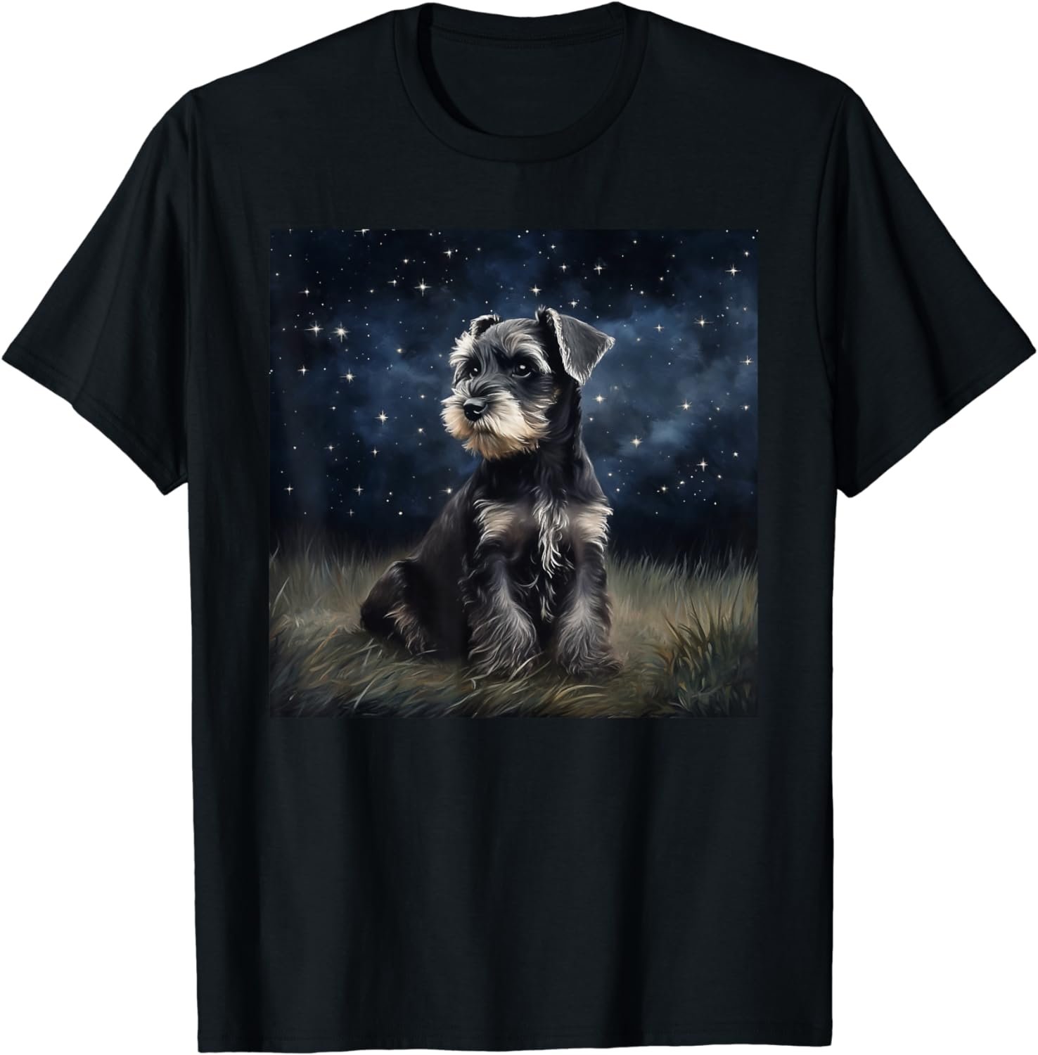 Cute Miniature Schnauzer Dog In A Starry Sky Night Painting T-Shirt