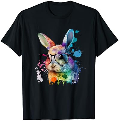 Watercolors Rabbit With Glasses Cute Animals Colorful Bunny T-Shirt