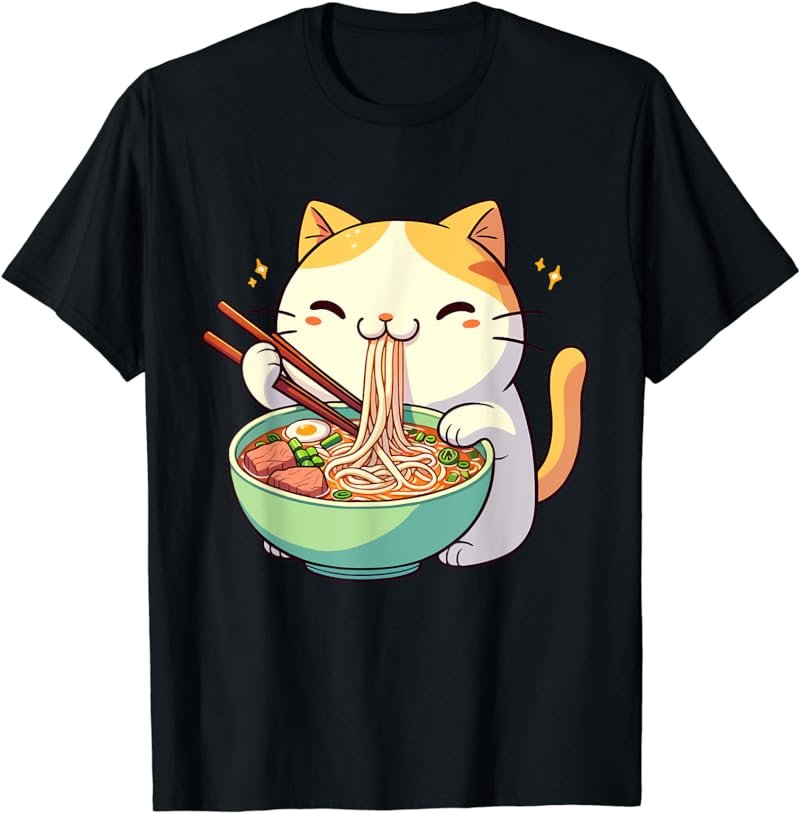 Cat Ramen Anime Kawaii Neko Eating Noodle Girls Teens Kids T-Shirt