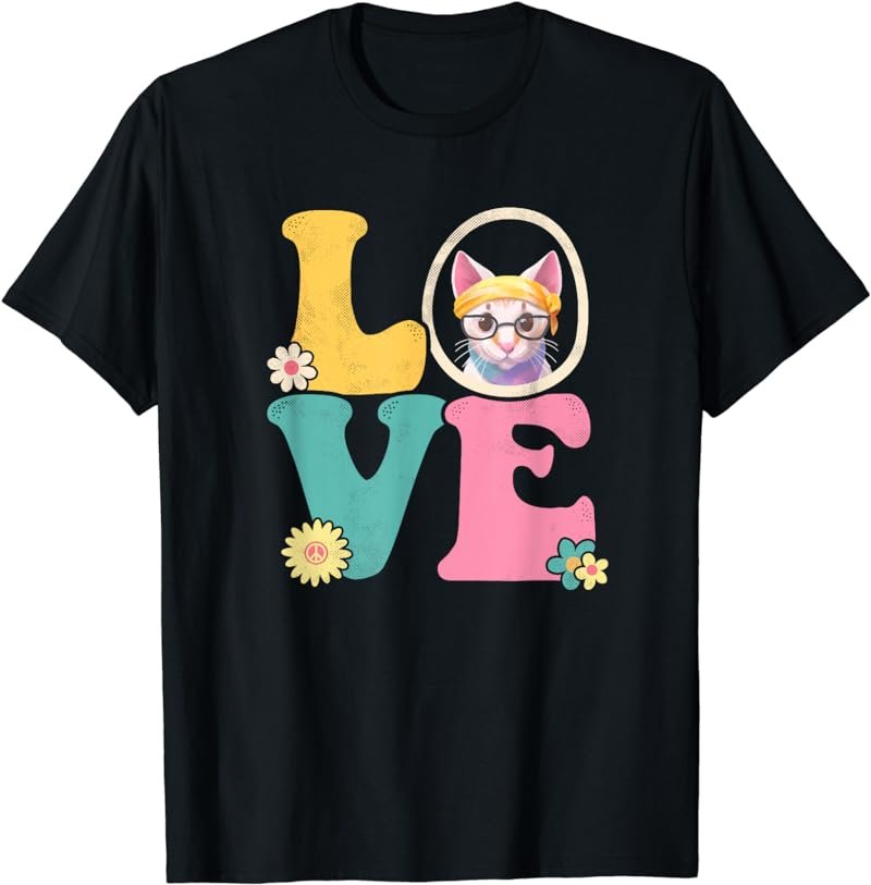 Cute Cat Peace Sign Love 60s 70s Costume Groovy Hippie Theme T-Shirt