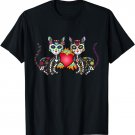 Cute Sugar Skull Cat Duo Heart Mexican Dia De Los Muertos T-Shirt
