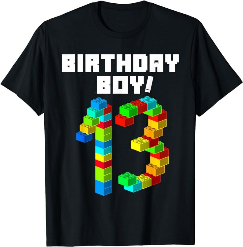 Cute 13th Birthday Gift 13 Years Old Block Building Boy Kid T-Shirt