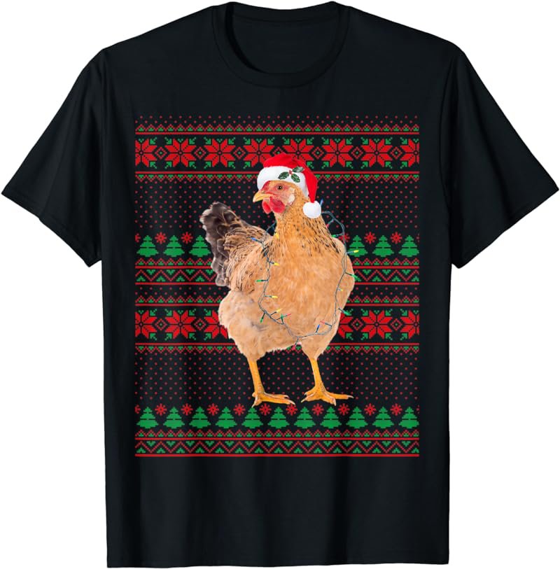 Ugly Christmas Chicken Santa Hat Lights Funny Xmas Chicken T-Shirt
