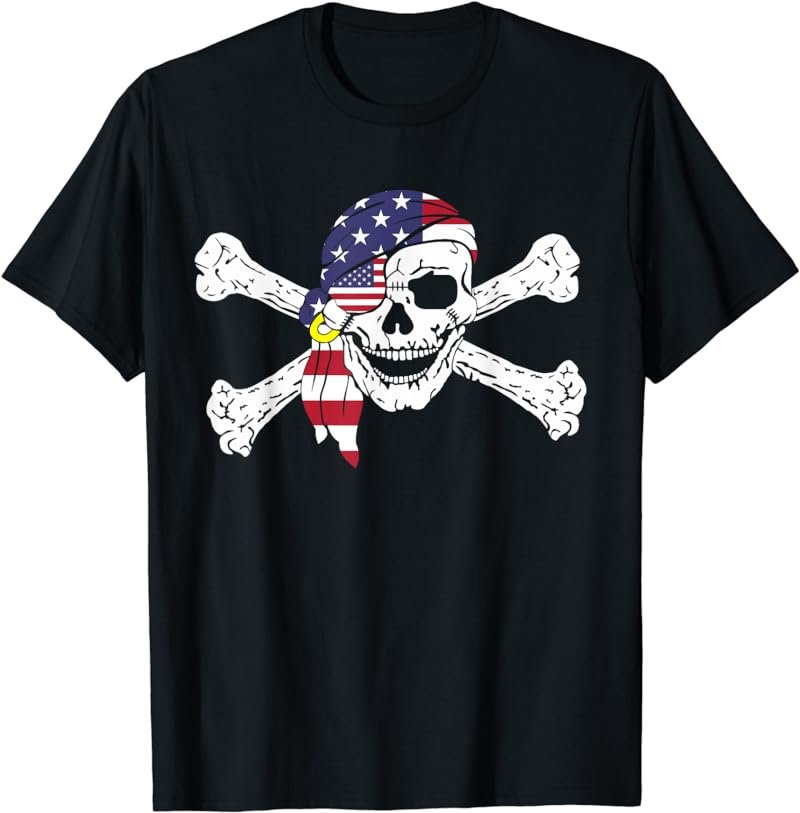 USA Flag Patriotic Skull & Crossbones Pirate Men Women T-Shirt