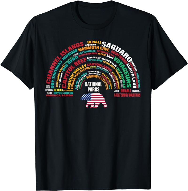 National Parks USA List Word Cloud Bear Camping & Hiking T-Shirt