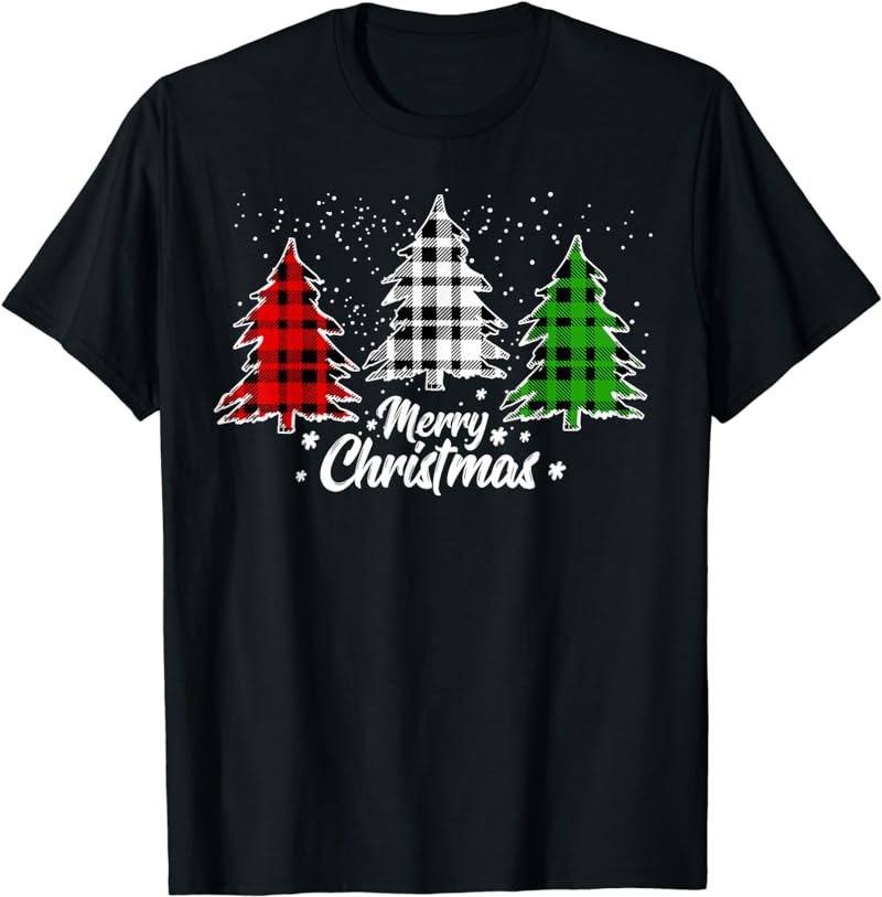 Merry Christmas Tree Xmas Buffalo Plaid Red White Green T-Shirt