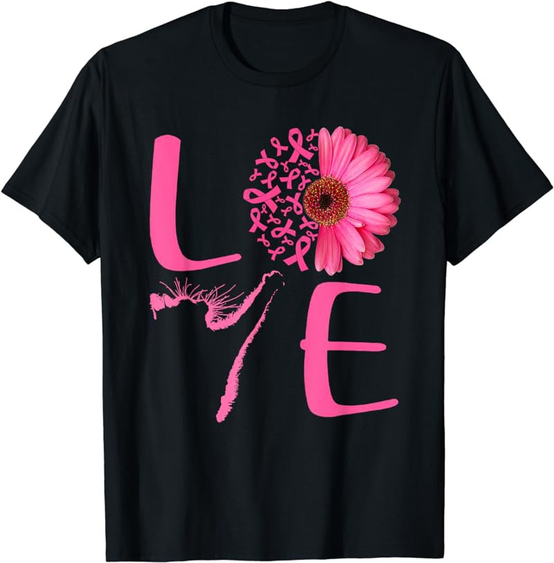 Love Cat Pink Ribbon Daisy Flower Breast Cancer Awareness T-Shirt