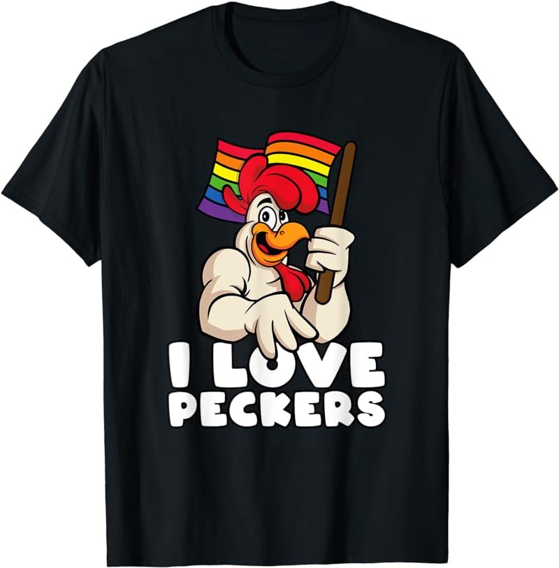 LGBT Rainbow Flag Rooster Pun I Love Peckers Gay Chicken Dad T-Shirt