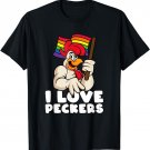 LGBT Rainbow Flag Rooster Pun I Love Peckers Gay Chicken Dad T-Shirt