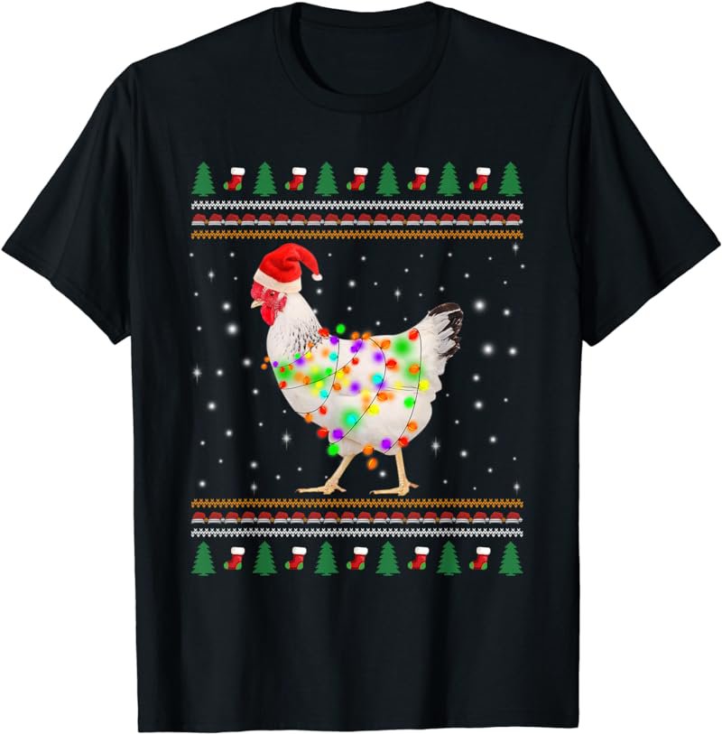 Ugly Christmas Chicken Santa Hat Lights Sweater Xmas Gift T-Shirt