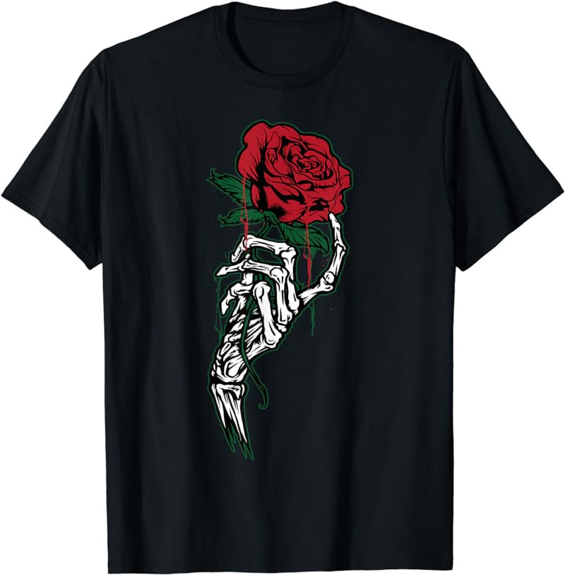 Rose Flower Tattoo - White Skeleton Hand Holding a Red Rose T-Shirt