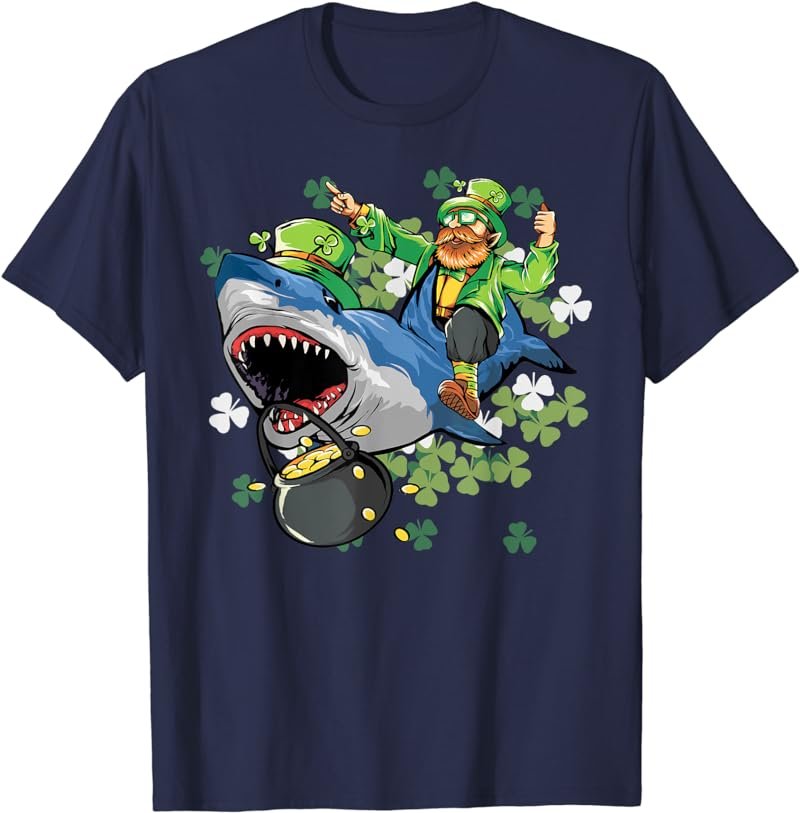 Shark Lovers Kids - St Patricks Day Leprechaun Riding Shark T-Shirt