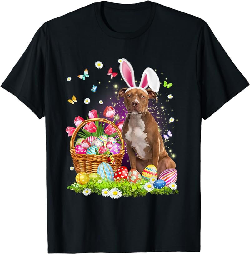 Funny Easter Bunny Pitbull Dog Bunny Ear Egg Basket T-Shirt