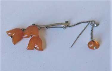 Vintage Silver Baltic Amber Dangle Drops Chatelaine Stick Pin Brooch Russia