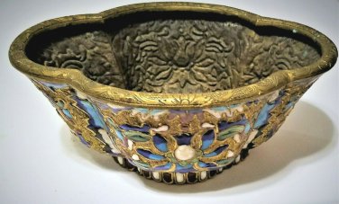 Antique Chinese Lobed Champleve Enamel Gilt Bronze Bowl