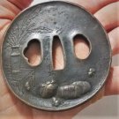 Antique Lg Edo Samurai Katana Sword Tsuba Cast Bronze Mice Food Bundles Signed