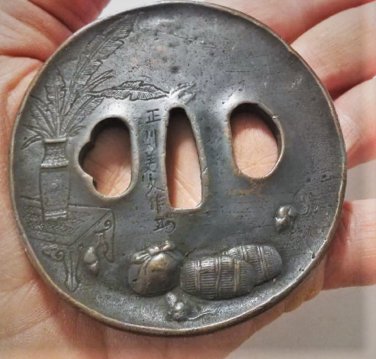 Antique Lg Edo Samurai Katana Sword Tsuba Cast Bronze Mice Food Bundles Signed
