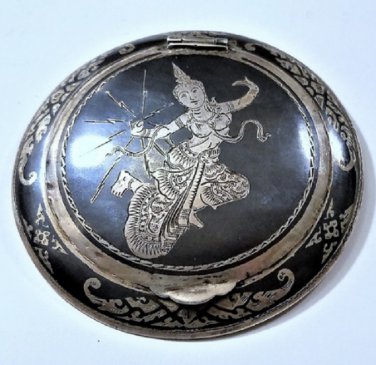 Vintage Siam Temple Dancer Sterling Silver Niello Powder Compact
