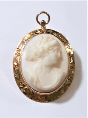14K Victorian Carved White Angel Coral Cameo Necklace Pendant Brooch Combo