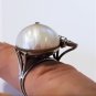 Vintage Art Deco Mid Century Baroque Mabe Pearl Diamond Palladium Ring Sz ~7.25