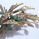 Vtg 14K Deco Floral Pin Brooch with Imperial Emerald Jade & Pearl