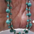 Vintage Sterling Silver Green Agate Beaded Dbl Strand Necklace 19"