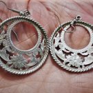 Vtg Sterling Silver MEXICO Western Floral Etched Dangle Drop Hoop Post Earrings