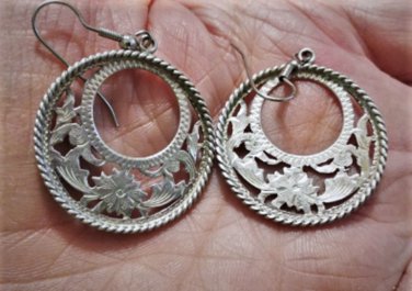 Vtg Sterling Silver MEXICO Western Floral Etched Dangle Drop Hoop Post Earrings