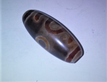 Old Tibetan Used Weathered Oily Agate 2-Eye 2-Money Hook Dzi Bead 4.4 CM