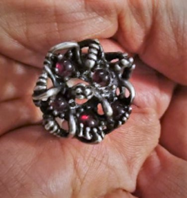 Vintage Sterling Silver Modernist Brutalist Garnet Artisan Flower Ring Size 8