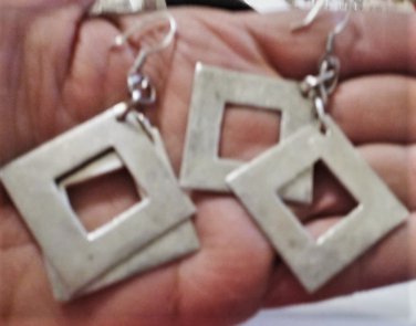 Vintage Sterling Silver Big Modernist Chain Dangle Dbl Diamond Wire Earrings