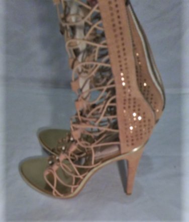 MLE Mia Ltd Edition Nefertiti Tall Tan Suede Gladiator Heels Size 10