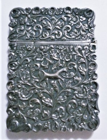 Antique Burma/India Sterling Silver Repousee Card Case w Elephant and Horse