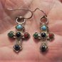 Vintage Sterling 925 Silver Multi Stones Cross Dangle Earrings MEXICO
