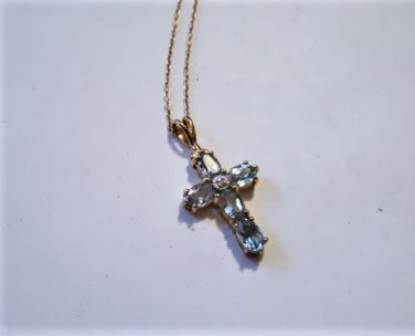 Vintage Sterling Silver Gold Vermeil Blue Stone Cross Pendant Necklace 18"