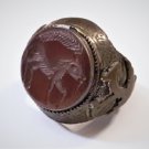 Antiq Sassanian Persian Carnelian Horse Intaglio Double Head Eagle Bronze Ring