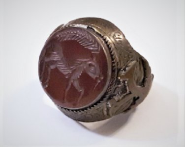 Antiq Sassanian Persian Carnelian Horse Intaglio Double Head Eagle Bronze Ring