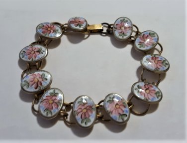 Antique Edwardian 12K GF Floral Enameled Link Bracelet
