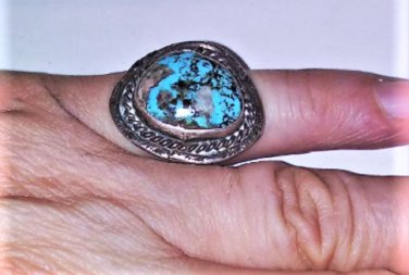 Vintage Sterling Silver Navajo Old Pawn Large Turquoise Cab Ring Size 5.5