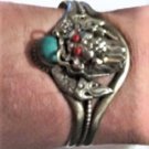 Vintage Sterling Silver Chinese Coral Turquoise Dragon Head Cuff Bracelet