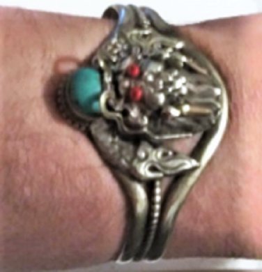 Vintage Sterling Silver Chinese Coral Turquoise Dragon Head Cuff Bracelet