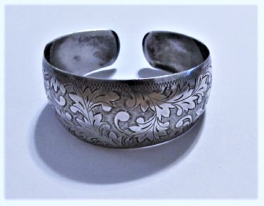 Vintage Sterling Silver Hand Etched Florentine Baroque Adjustable Cuff Bracelet