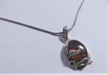 Vintage Sterling Silver Amber Pendant Necklace  18"