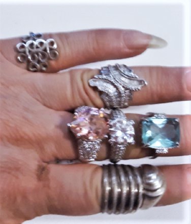 Vintage Sterling 925 Silver Bling Rings Collection Lot of Seven