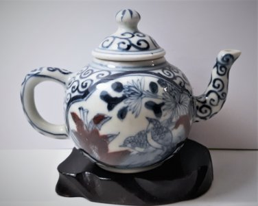 Antique Chinese Yongzheng Mark Porcelain Mini Teapot Blue & Iron Red