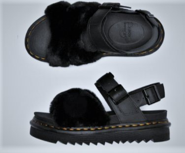 Dr Martens VOSS II Fluffy Blk Hydro Leather & Milo Fur Sandals US W 9 UK 7 NEW