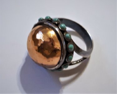 Vintage Sterling 925 Silver Turquoise Rose Gold Dome Ring BARSE Size 12
