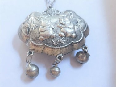 Antique Chinese Sterling Silver Pandas Child Protection Lock Necklace