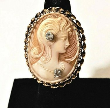 14K Exquisite Hi Basket Setting Shell Cameo Ring with 2 Diamonds Size 7