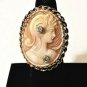 14K Exquisite Hi Basket Setting Shell Cameo Ring with 2 Diamonds Size 7